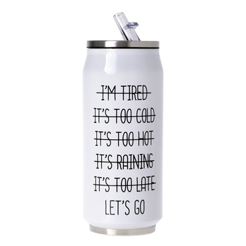 KUBEK TERMICZNY Z DZIÓBKIEM TERMOS BIAŁY CZARNY NAPIS DO AUTA PUSZKA 500ML "I'm Tired"