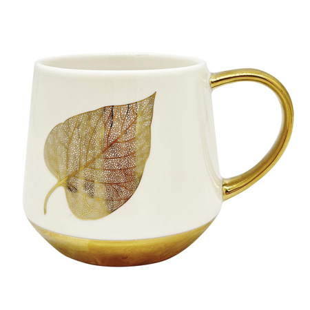 Kubek porcelanowy Filiżanka na kawę herbatę Biały z ZłotymiLiściemi 460ml