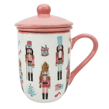 Kubek ceramiczny 320 ml z pokrywką – świąteczny motyw dziadków do orzechów, pastelowy róż