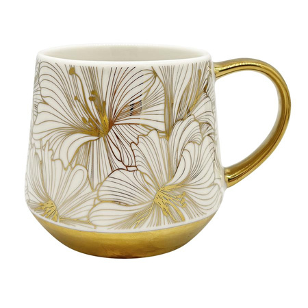 Kubek porcelanowy Filiżanka na kawę herbatę Biały z Złotymi Kwiatami 460ml