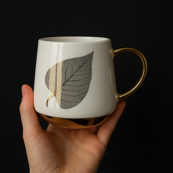 Kubek porcelanowy  Filiżanka na kawę herbatę Biały z ZłotymiLiściemi 460ml