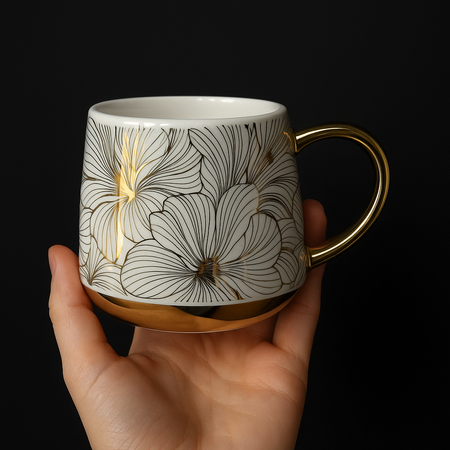 Kubek porcelanowy Filiżanka na kawę herbatę Biały z Złotymi Kwiatami 460ml