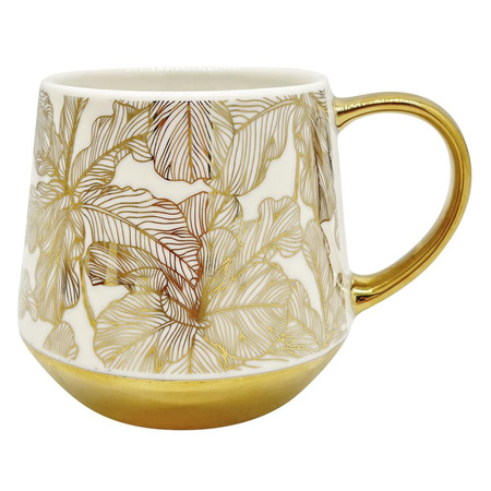 Kubek porcelanowy Filiżanka na kawę herbatę Biały z Złotymi Liśćmi 460ml
