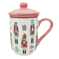 Kubek ceramiczny 320 ml z pokrywką – świąteczny motyw dziadków do orzechów, pastelowy róż