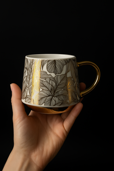 Kubek porcelanowy  Filiżanka na kawę herbatę Biały z Złotymi Liśćmi 460ml